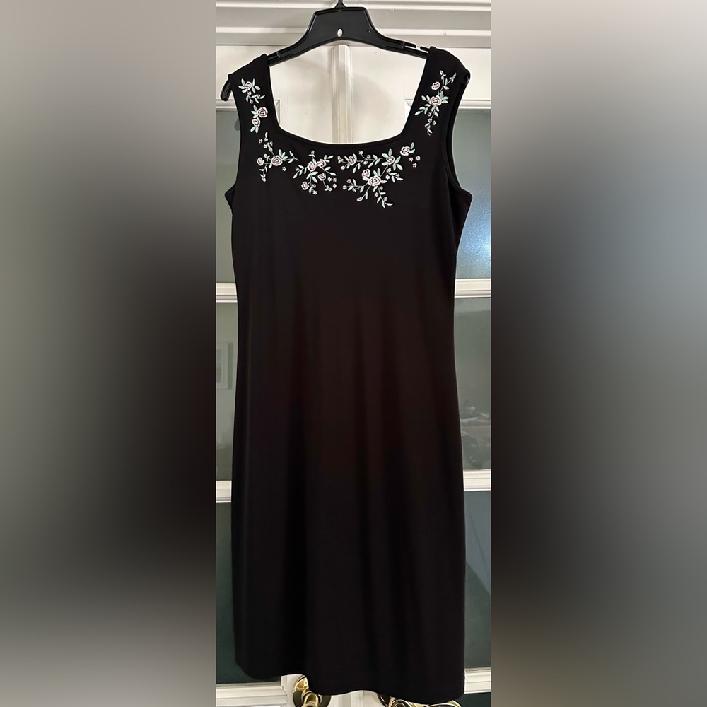 Casual Corner Black Top with Pink and Green Embroidery